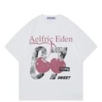 Aelfric Eden Cherry Print Tee Oversized Graphic Tees Short Sleeve Crewneck Shirts Y2K Vintage Unisex Streetwear