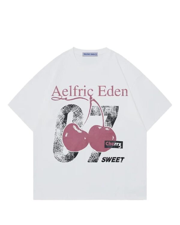 Aelfric Eden Cherry Print Tee Oversized Graphic Tees Short Sleeve Crewneck Shirts Y2K Vintage Unisex Streetwear