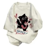 Cute Punk Cat Guitar Printed Short Sleeve T-Shirt Summer Oversized Graphic Tees Harajuku Vintage Aesthetic Baggy Top