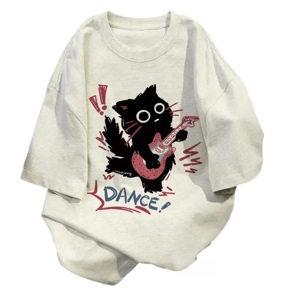 Cute Punk Cat Guitar Printed Short Sleeve T-Shirt Summer Oversized Graphic Tees Harajuku Vintage Aesthetic Baggy Top