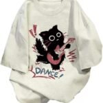 Cute Punk Cat Guitar Printed Short Sleeve T-Shirt Summer Oversized Graphic Tees Harajuku Vintage Aesthetic Baggy Top