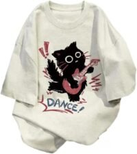 Cute Punk Cat Guitar Printed Short Sleeve T-Shirt Summer Oversized Graphic Tees Harajuku Vintage Aesthetic Baggy Top