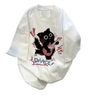 Cute Punk Cat Guitar Printed Short Sleeve T-Shirt Summer Oversized Graphic Tees Harajuku Vintage Aesthetic Baggy Top