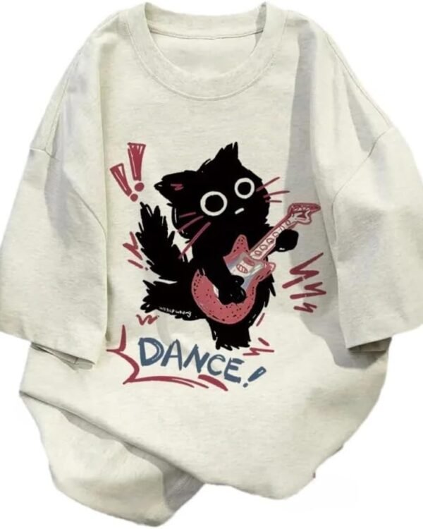 Cute Punk Cat Guitar Printed Short Sleeve T-Shirt Summer Oversized Graphic Tees Harajuku Vintage Aesthetic Baggy Top