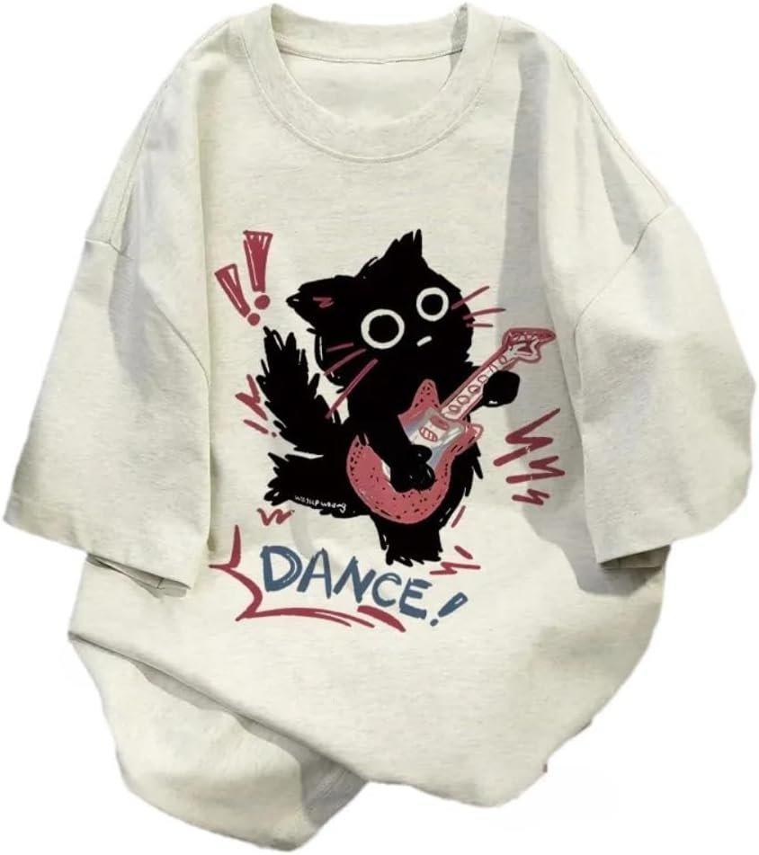 Cute Punk Cat Guitar Printed Short Sleeve T-Shirt Summer Oversized Graphic Tees Harajuku Vintage Aesthetic Baggy Top