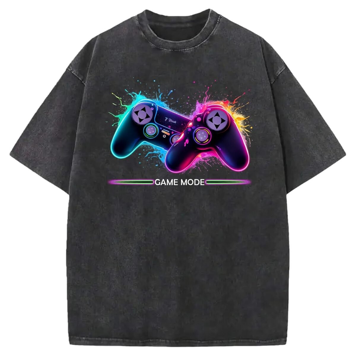 Game Mode Graphic Oversized Unisex T-Shirt, Neon Gaming Controller Design, Black Acid Wash, Short Sleeve, Gamer Theme