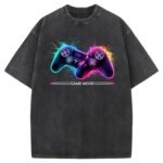 Game Mode Graphic Oversized Unisex T-Shirt, Neon Gaming Controller Design, Black Acid Wash, Short Sleeve, Gamer Theme