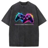 Game Mode Graphic Oversized Unisex T-Shirt, Neon Gaming Controller Design, Black Acid Wash, Short Sleeve, Gamer Theme