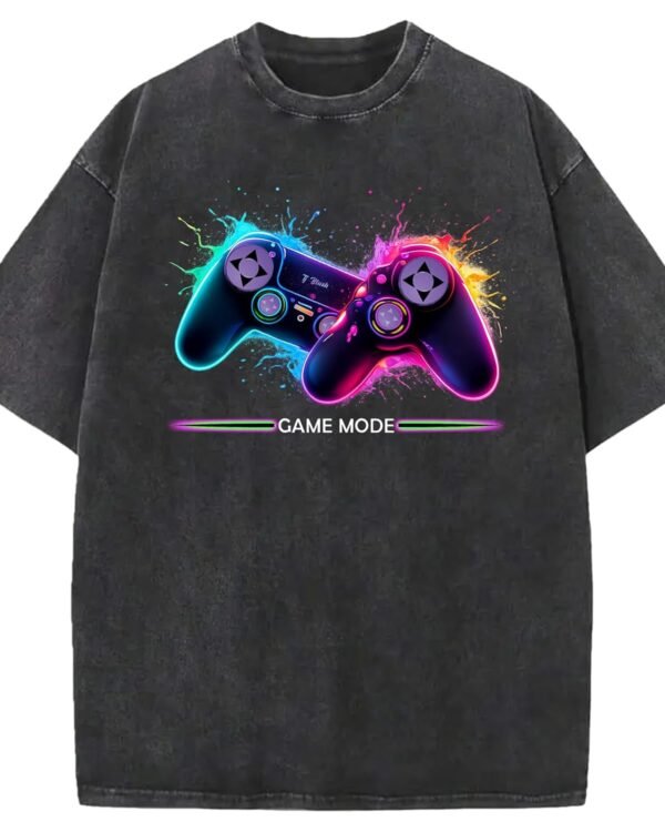 Game Mode Graphic Oversized Unisex T-Shirt, Neon Gaming Controller Design, Black Acid Wash, Short Sleeve, Gamer Theme