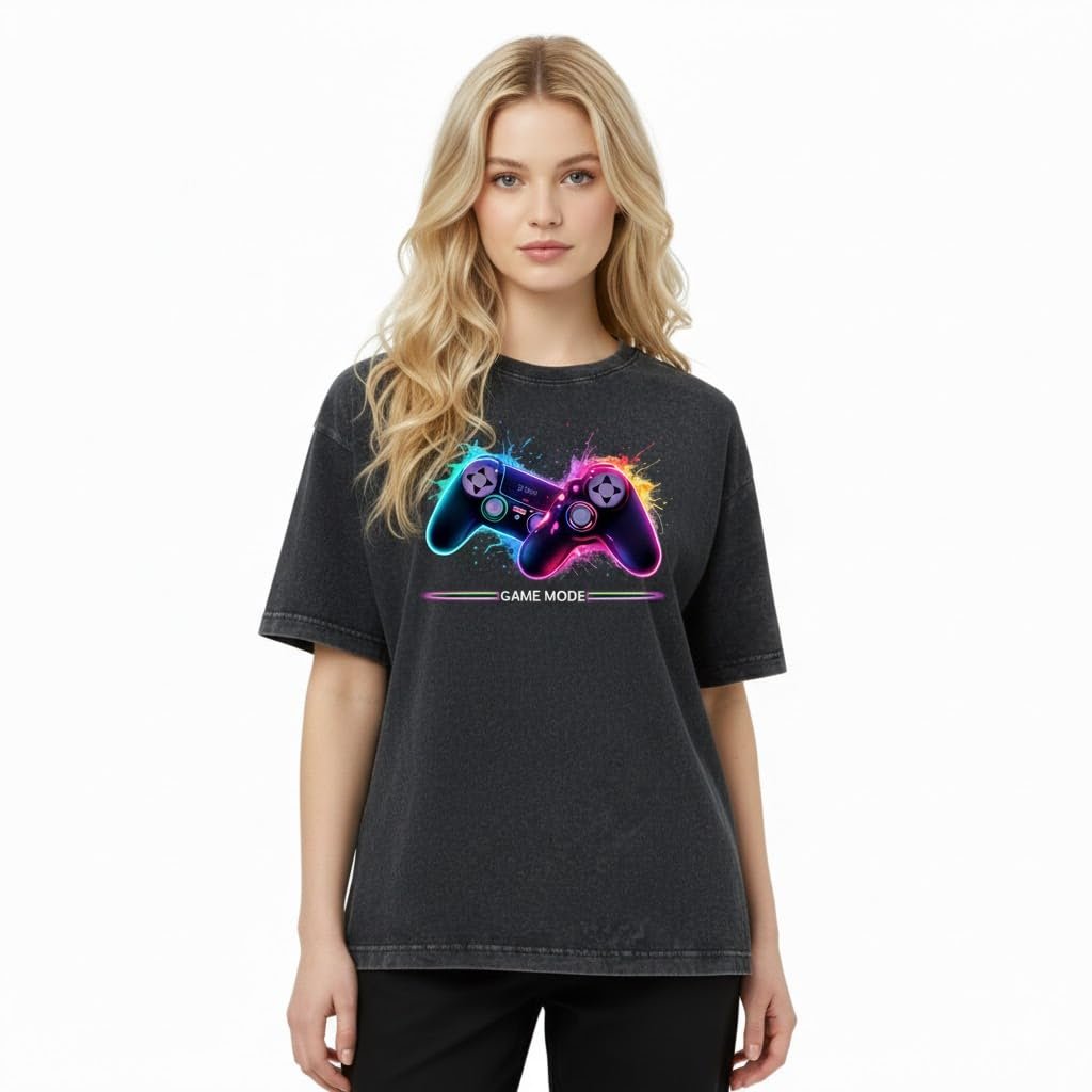 Game Mode Graphic Oversized Unisex T-Shirt, Neon Gaming Controller Design, Black Acid Wash, Short Sleeve, Gamer Theme