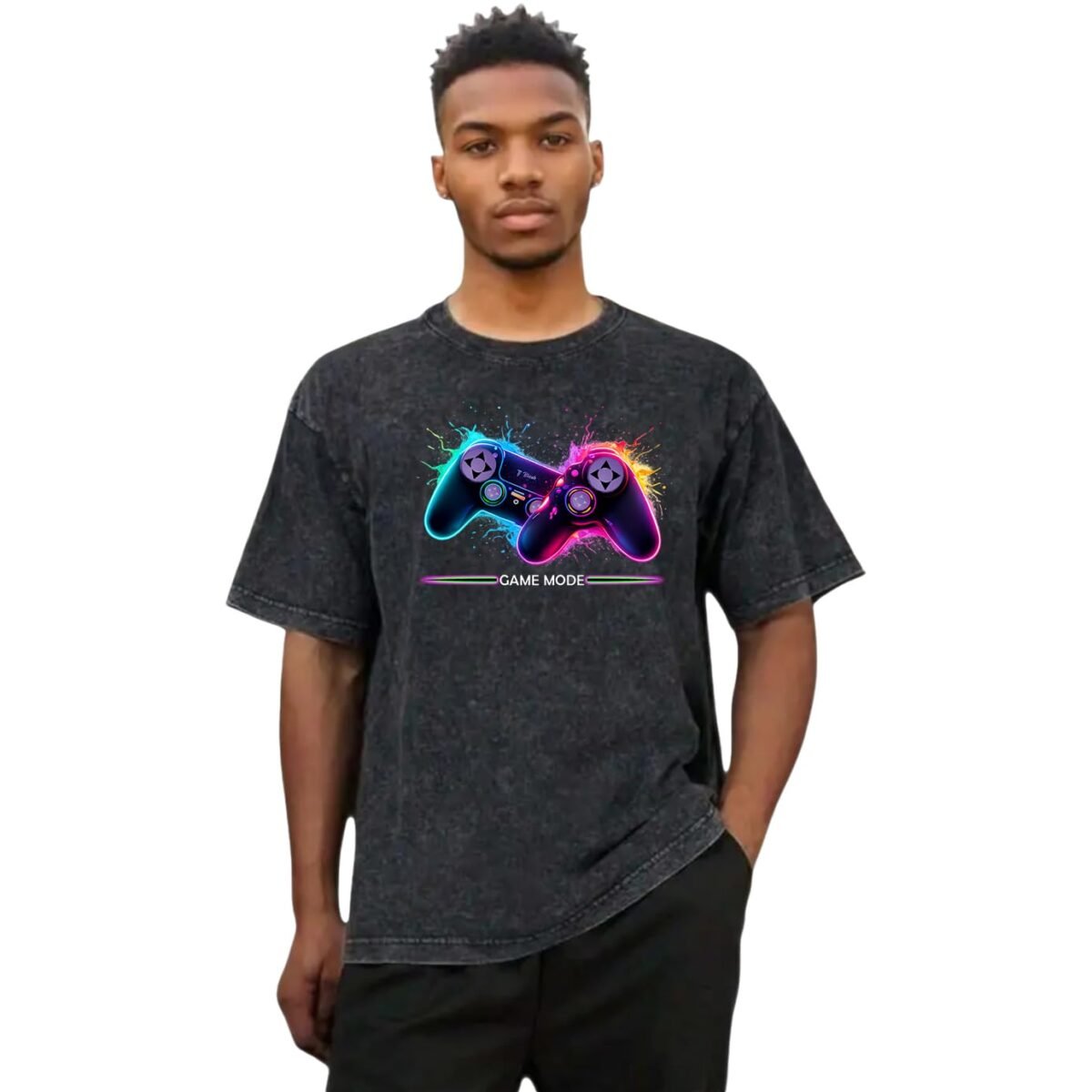 Game Mode Graphic Oversized Unisex T-Shirt, Neon Gaming Controller Design, Black Acid Wash, Short Sleeve, Gamer Theme