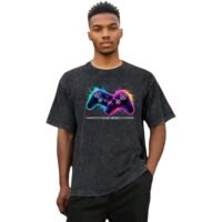 Game Mode Graphic Oversized Unisex T-Shirt, Neon Gaming Controller Design, Black Acid Wash, Short Sleeve, Gamer Theme