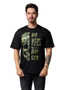 Go Devil Men's Oversized T-Shirt No Pain No Gain in Camo Graphic Printted Black Cotton Top Short Sleeve Graphic Tees