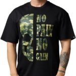 Go Devil Men's Oversized T-Shirt No Pain No Gain in Camo Graphic Printted Black Cotton Top Short Sleeve Graphic Tees