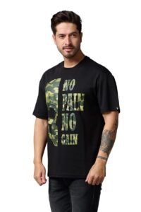 Go Devil Men's Oversized T-Shirt No Pain No Gain in Camo Graphic Printted Black Cotton Top Short Sleeve Graphic Tees