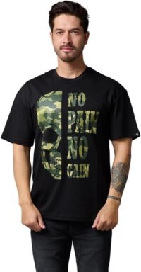 Go Devil Men's Oversized T-Shirt No Pain No Gain in Camo Graphic Printted Black Cotton Top Short Sleeve Graphic Tees