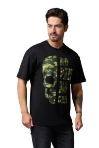 Go Devil Men's Oversized T-Shirt No Pain No Gain in Camo Graphic Printted Black Cotton Top Short Sleeve Graphic Tees