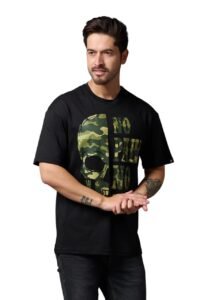 Go Devil Men's Oversized T-Shirt No Pain No Gain in Camo Graphic Printted Black Cotton Top Short Sleeve Graphic Tees