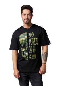 Go Devil Men's Oversized T-Shirt No Pain No Gain in Camo Graphic Printted Black Cotton Top Short Sleeve Graphic Tees