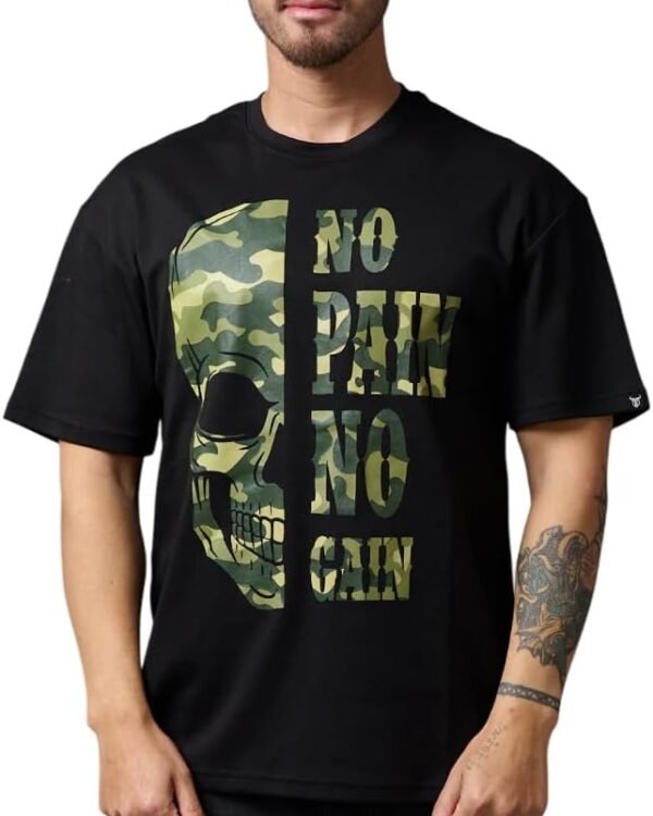 Go Devil Men's Oversized T-Shirt No Pain No Gain in Camo Graphic Printted Black Cotton Top Short Sleeve Graphic Tees
