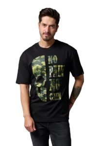 Go Devil Men's Oversized T-Shirt No Pain No Gain in Camo Graphic Printted Black Cotton Top Short Sleeve Graphic Tees