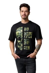 Go Devil Men's Oversized T-Shirt No Pain No Gain in Camo Graphic Printted Black Cotton Top Short Sleeve Graphic Tees