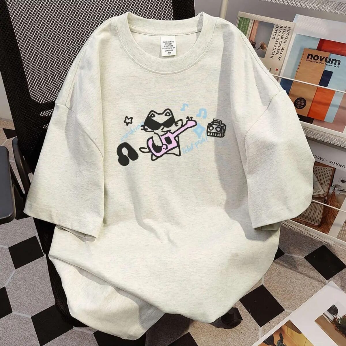 Goth Punk Oversized Tshirts Cute Kawaii Cat Print Baggy Shirts Summer Harajuku Vintage Y2K Tees Top Clothes