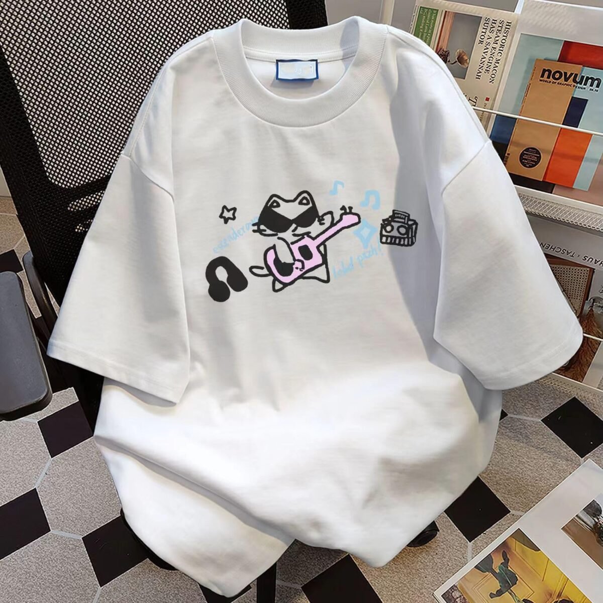 Goth Punk Oversized Tshirts Cute Kawaii Cat Print Baggy Shirts Summer Harajuku Vintage Y2K Tees Top Clothes