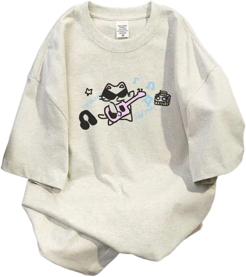 Goth Punk Oversized Tshirts Cute Kawaii Cat Print Baggy Shirts Summer Harajuku Vintage Y2K Tees Top Clothes