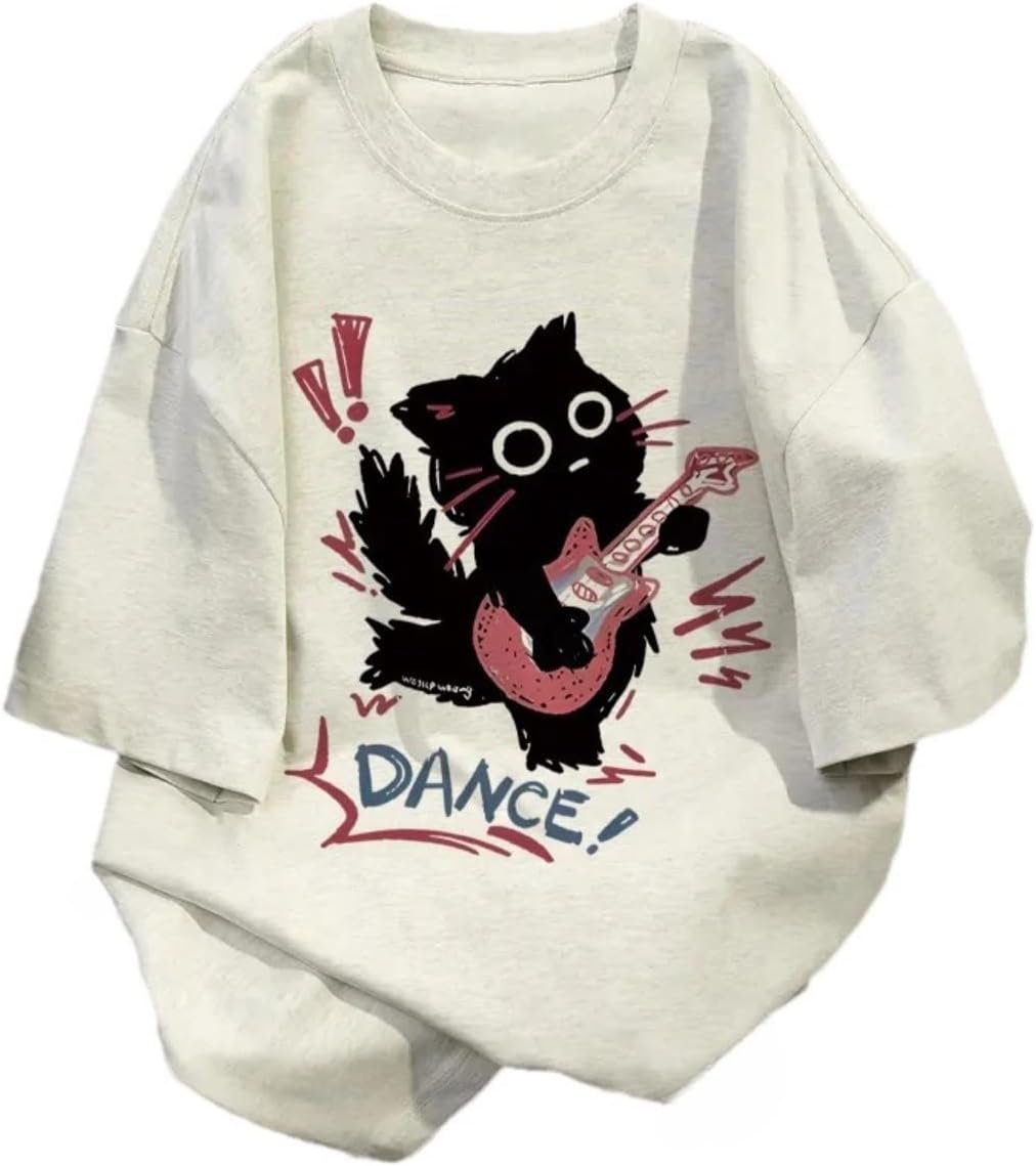 Harajuku Oversized Shirts Goth Punk Cat Print Tees Summer Streetwear Casual Baggy Tshirts Y2k Tee Tops