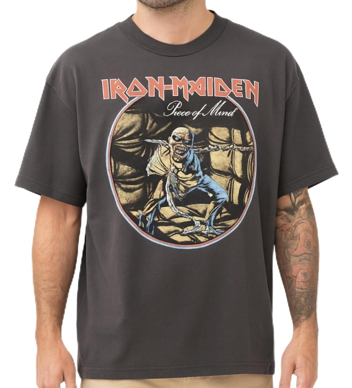 Iron Maiden Piece of Mind Tour Vintage Style Oversized Boxy Fit Grey Wash T-Shirt Officially Licensed