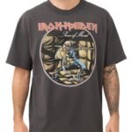 Iron Maiden Piece of Mind Tour Vintage Style Oversized Boxy Fit Grey Wash T-Shirt Officially Licensed