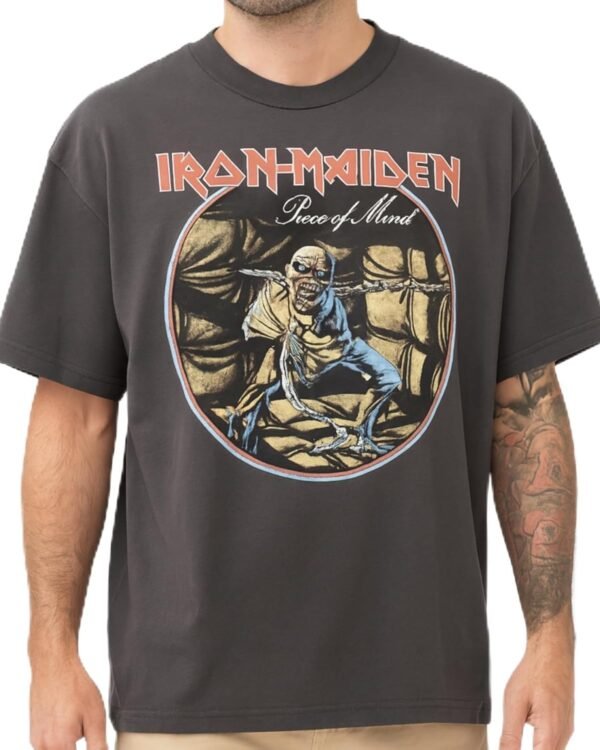 Iron Maiden Piece of Mind Tour Vintage Style Oversized Boxy Fit Grey Wash T-Shirt Officially Licensed