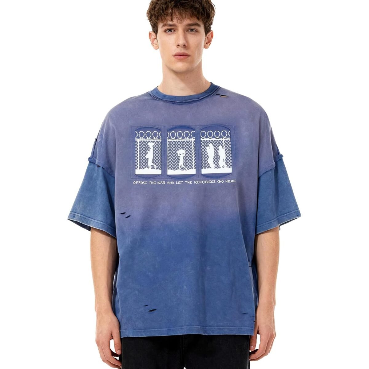 JCARSON Anti War Graphic Mens T Shirt Distressed Washed Grunge Tshirts Oversized Vintage Streetwear Cotton Tee