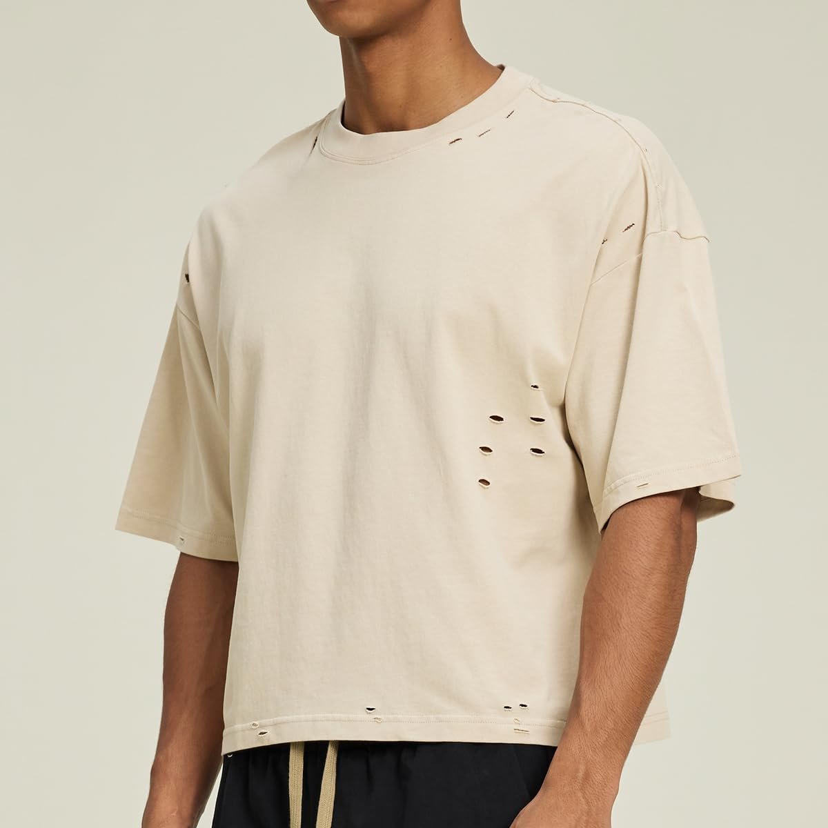 Men’s Heavyweight Boxy Cropped T Shirt, Drop Shoulder Distressed Streetwear Tee, 100% Cotton Vintage Short Fit