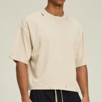Men’s Heavyweight Boxy Cropped T Shirt, Drop Shoulder Distressed Streetwear Tee, 100% Cotton Vintage Short Fit