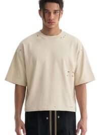Men’s Heavyweight Boxy Cropped T Shirt, Drop Shoulder Distressed Streetwear Tee, 100% Cotton Vintage Short Fit