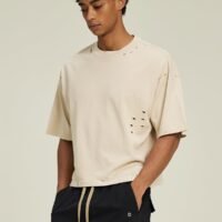 Men’s Heavyweight Boxy Cropped T Shirt, Drop Shoulder Distressed Streetwear Tee, 100% Cotton Vintage Short Fit