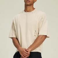 Men’s Heavyweight Boxy Cropped T Shirt, Drop Shoulder Distressed Streetwear Tee, 100% Cotton Vintage Short Fit