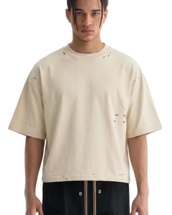 Men’s Heavyweight Boxy Cropped T Shirt, Drop Shoulder Distressed Streetwear Tee, 100% Cotton Vintage Short Fit