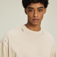 Men’s Heavyweight Boxy Cropped T Shirt, Drop Shoulder Distressed Streetwear Tee, 100% Cotton Vintage Short Fit