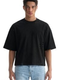 Men’s Heavyweight Boxy Cropped T Shirt, Drop Shoulder Distressed Streetwear Tee, 100% Cotton Vintage Short Fit