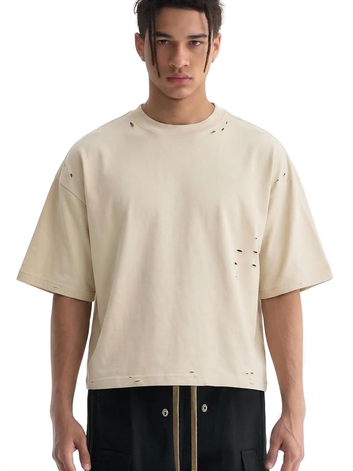 Men’s Heavyweight Boxy Cropped T Shirt, Drop Shoulder Distressed Streetwear Tee, 100% Cotton Vintage Short Fit
