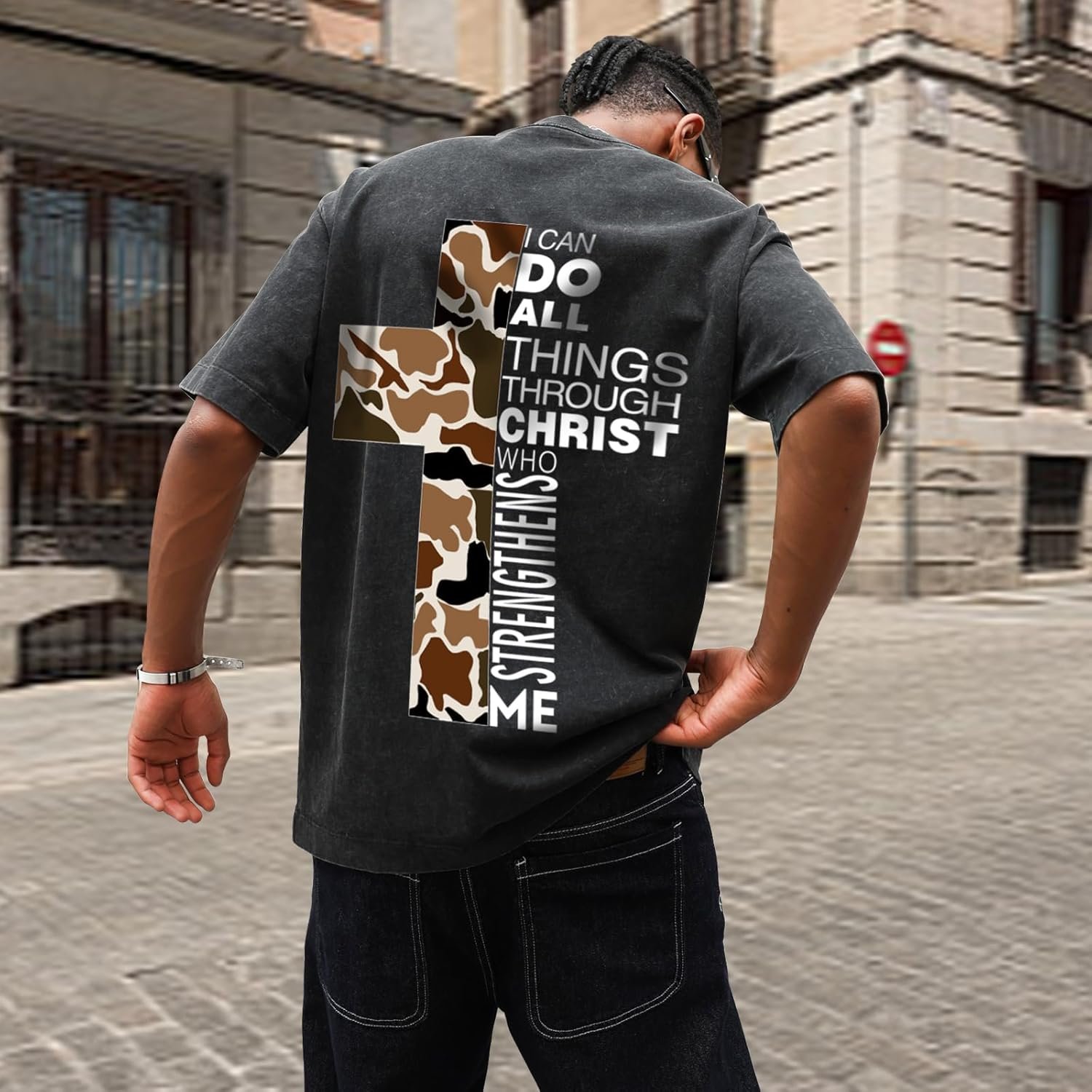 Men's Christian Graphic T-Shirt Bible Verse Camo Cross Graphic Tee Vintage Acid Wash Streetwear Cotton Shirt