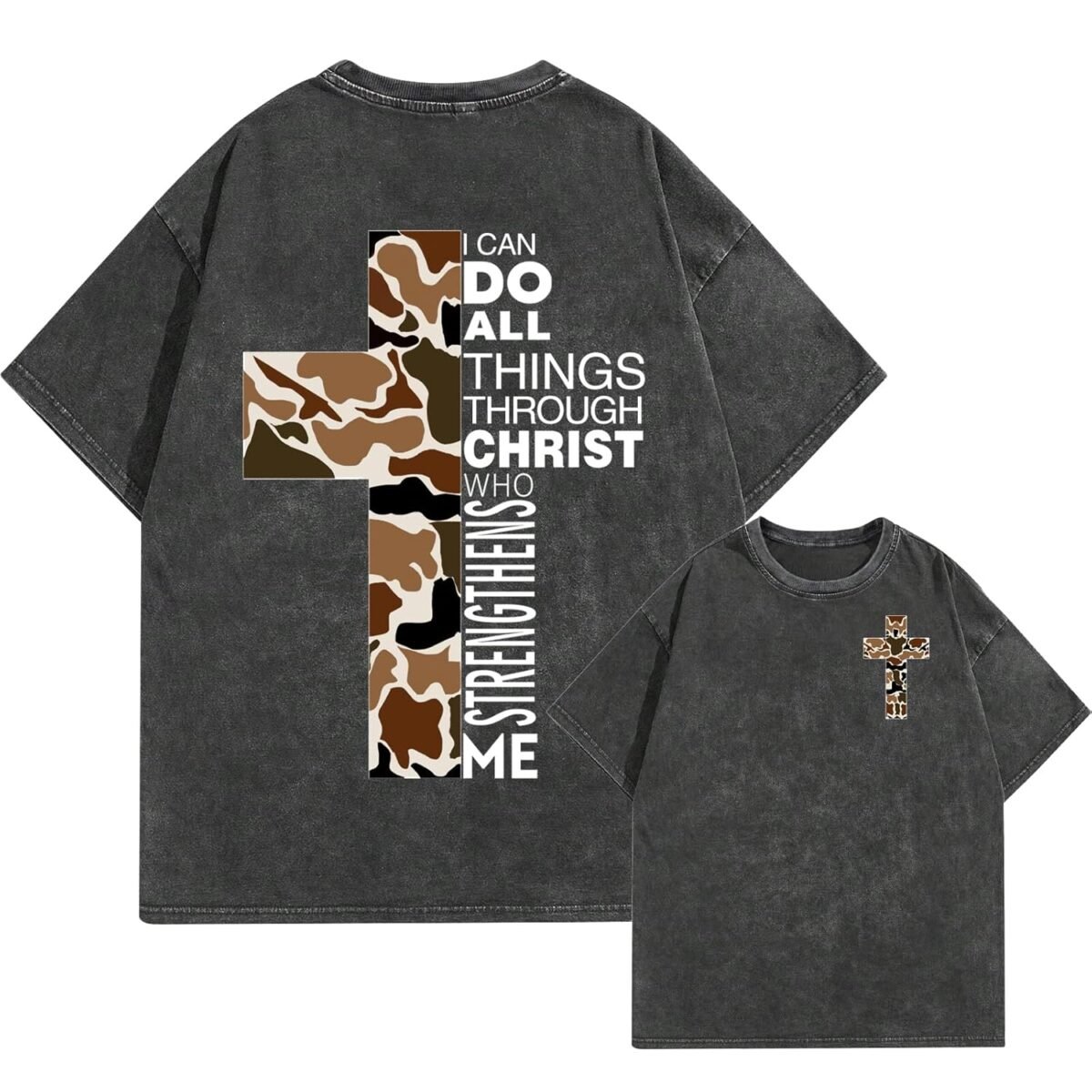 Men's Christian Graphic T-Shirt Bible Verse Camo Cross Graphic Tee Vintage Acid Wash Streetwear Cotton Shirt
