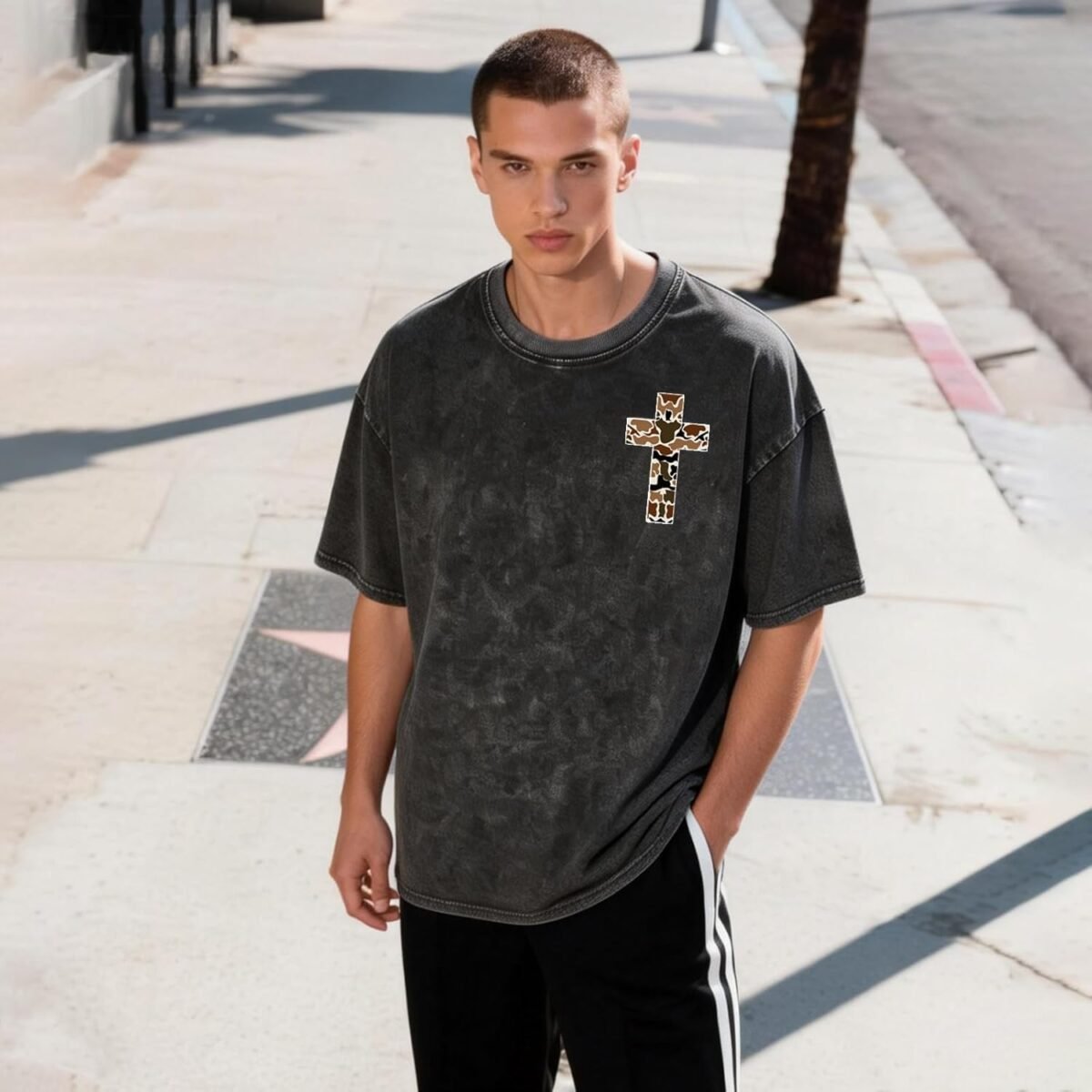 Men's Christian Graphic T-Shirt Bible Verse Camo Cross Graphic Tee Vintage Acid Wash Streetwear Cotton Shirt