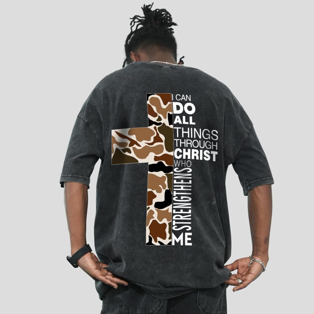 Men's Christian Graphic T-Shirt Bible Verse Camo Cross Graphic Tee Vintage Acid Wash Streetwear Cotton Shirt
