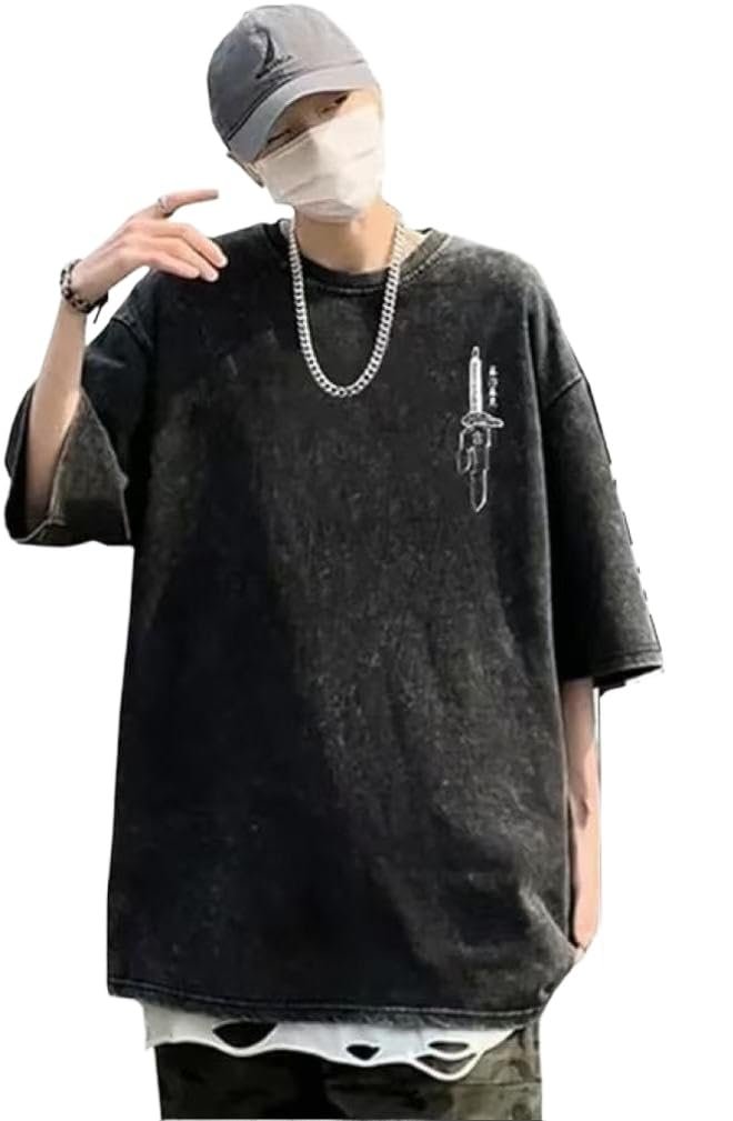 Men's Vintage Wash Anime Pattern Shirt Summer Casual Hip Hop T-shirt Street Clothing Harajuku Top T-shirt Y2K Top