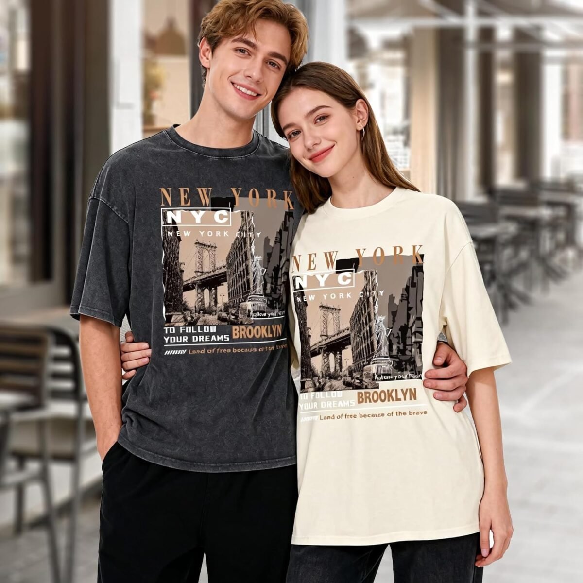 Oversized Graphic T-Shirt for Men New York Los Angeles Vintage Acid Wash Cotton Tees Streetwear Casual Tee Top