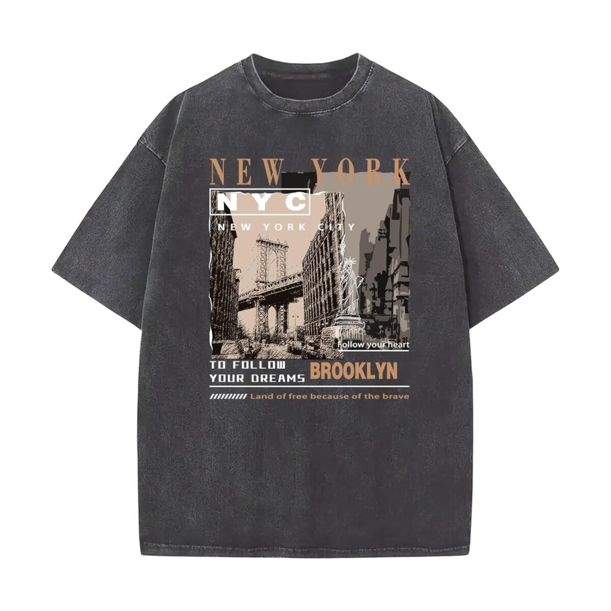 Oversized Graphic T-Shirt for Men New York Los Angeles Vintage Acid Wash Cotton Tees Streetwear Casual Tee Top